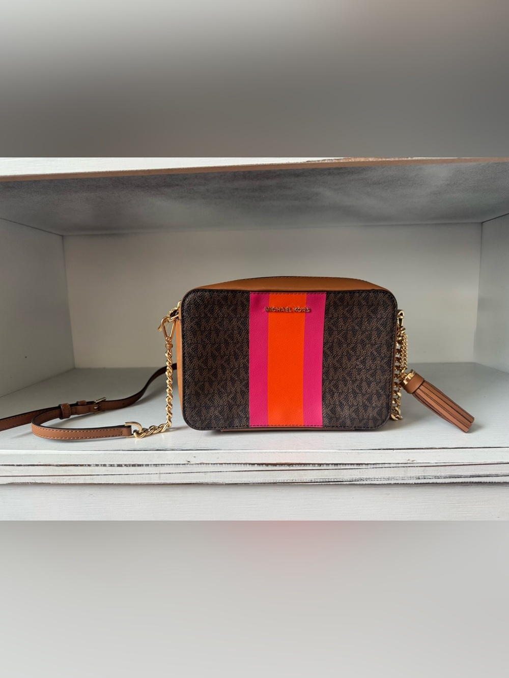 New Michael Kors Jet Set Camera Bag Medium Purse Stripe Logo Crossbody
